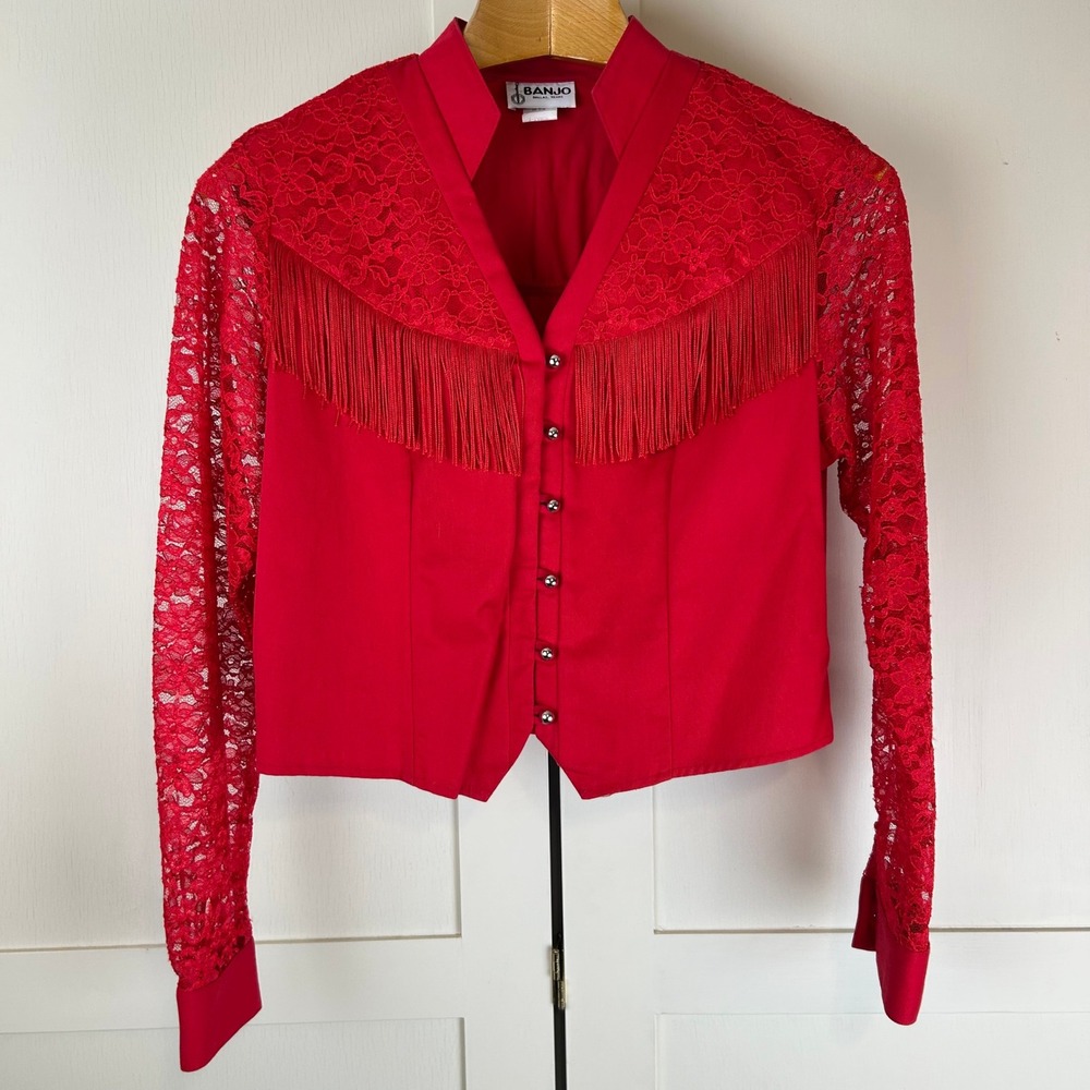 Vintage Banjo Western Shirt Women XL Red Cotton Lace Fringe Cowgirl Rodeo